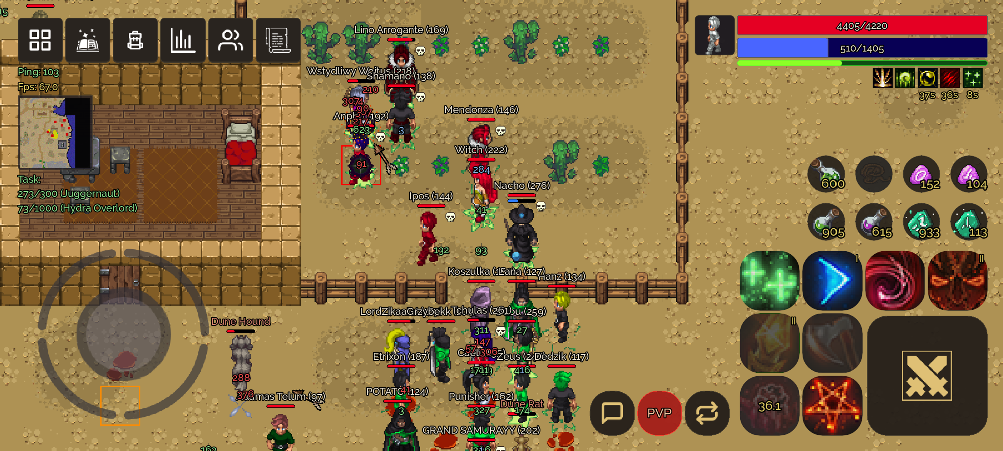Dozens of players fighting through a desert zone in Halmgaard